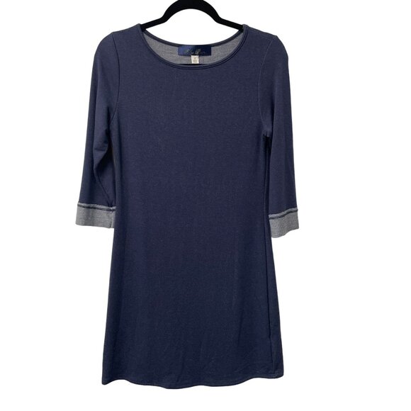 BLUE RAIN SHIFT DRESS STRETCH SIZE S MADE IN USA 3/4 SLEEVE COMFORT MINIMALIST - Picture 1 of 10